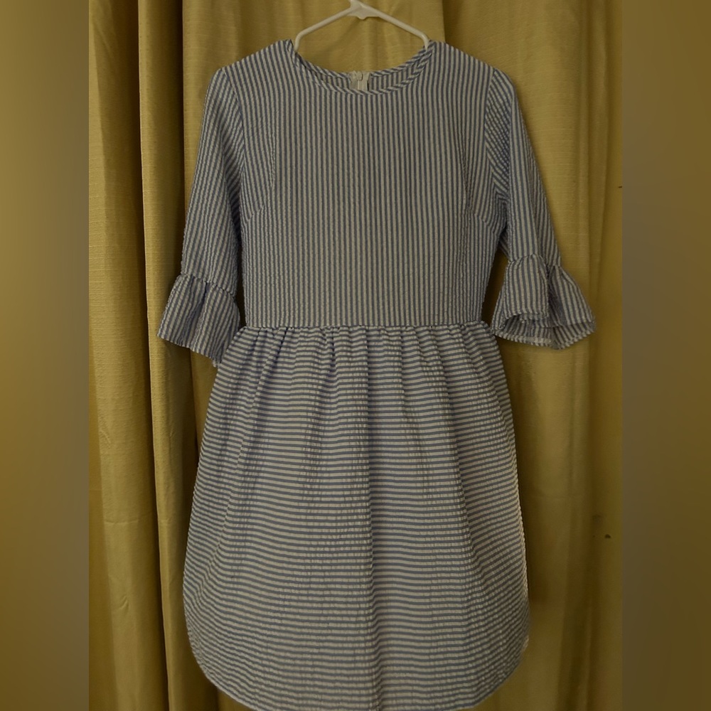 Super cute baby doll seersucker blue and white dress